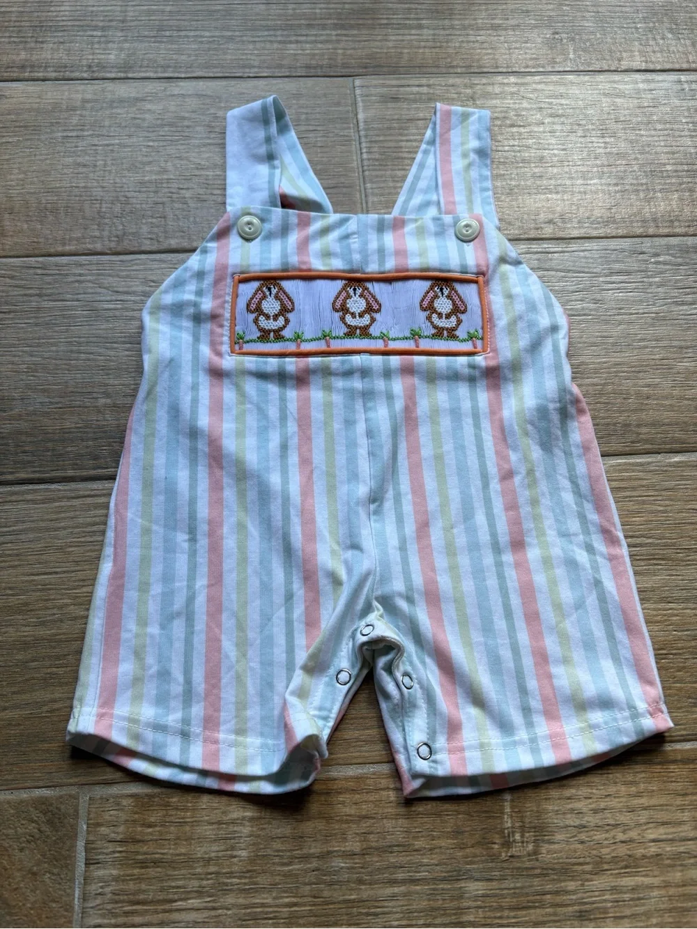 Striped Pastel Bunny Smocked Shortalls - Pink, Green & White